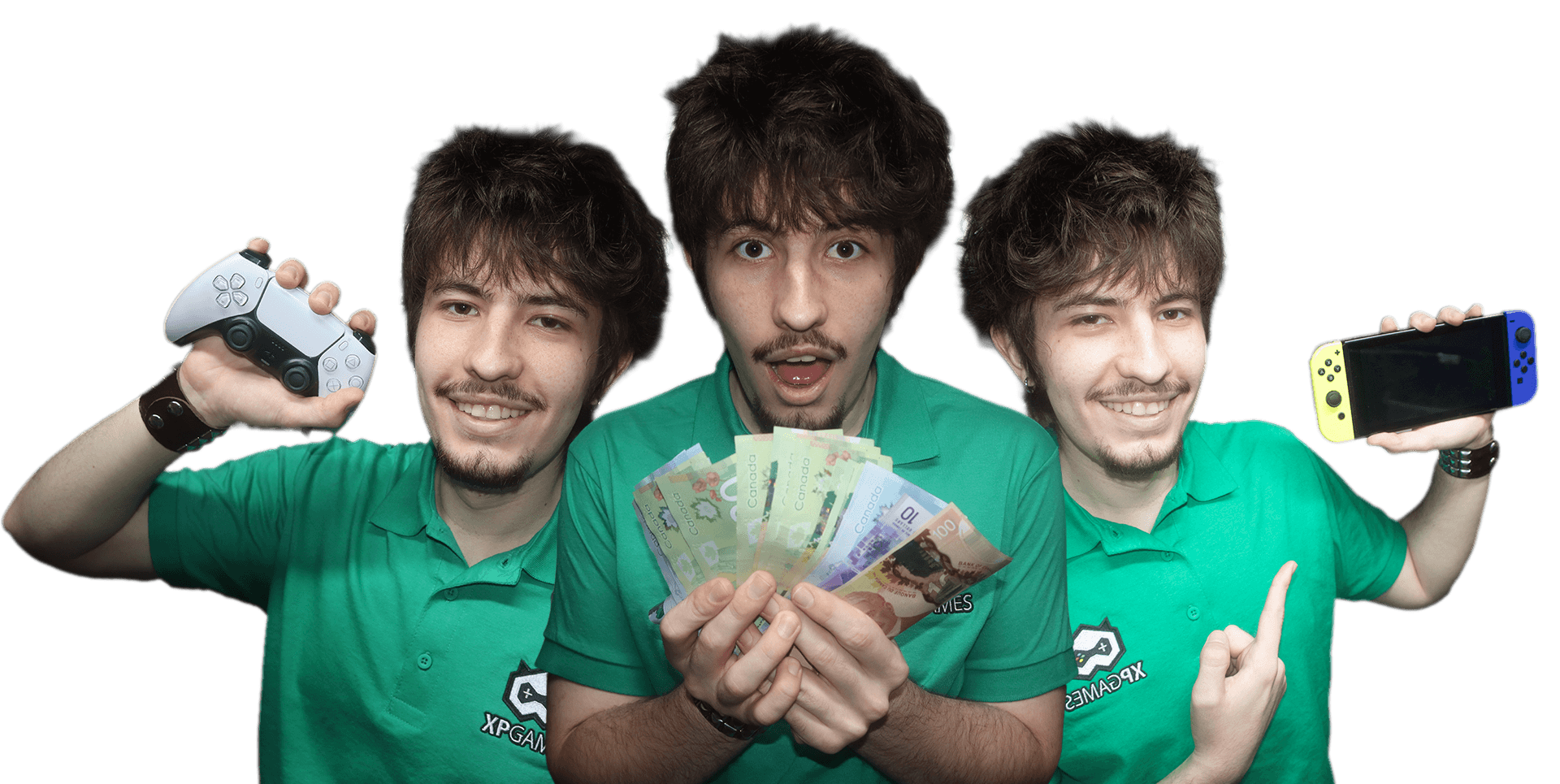 The XPGames team holding a PlayStation controller, a fan of Canadian cash, and a Nintendo Switch, sell your games for cash